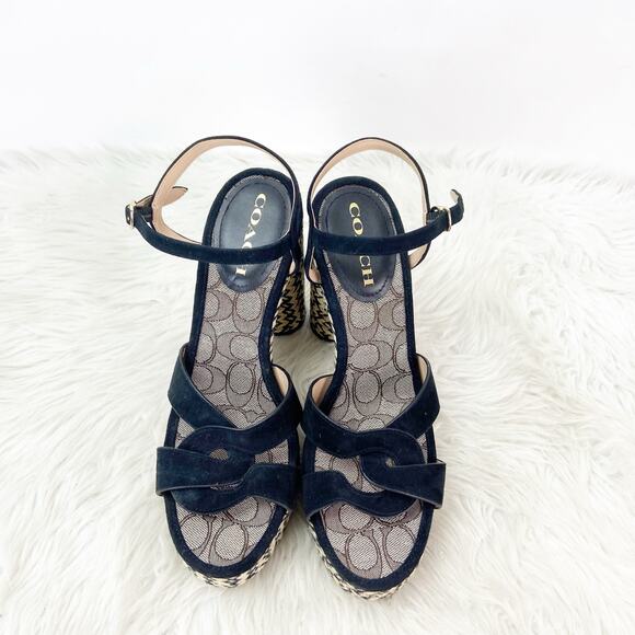 Coach 9.5 Women Black Suede Ankle Strap Block Heel Raffia Platform Talina Sandal - Picture 8 of 13